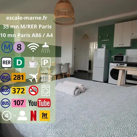 Apartment Escale-Marne Fr - 201 - Free Parking - Free Luggage Storage - All Equipped - Linen Included - Washing Machine - Luxury Emma Mattress 160X200 - 10Mn Walk Metro 8 - Rer A - Panoramic View - From 1 To 6 Guests *